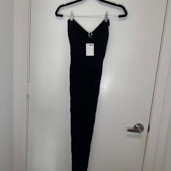 BLACK RUCHED BODYCON STRAPLESS MIDI DRESS SIZE L - Picture 3 of 5
